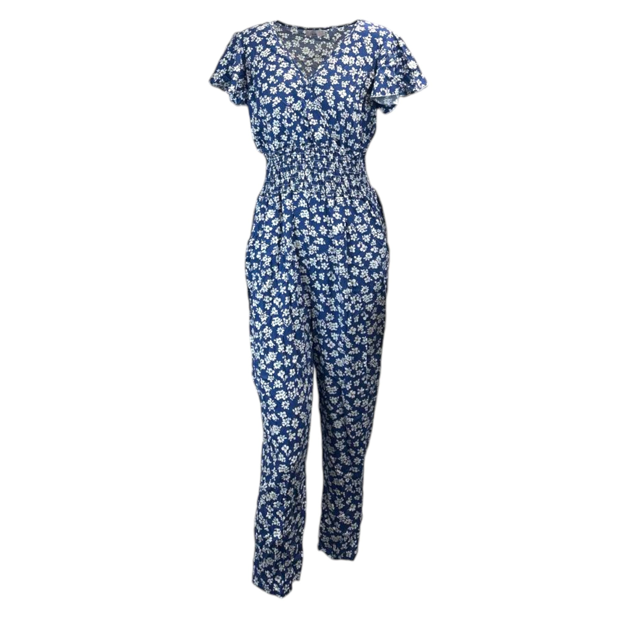 Women's floral print jumpsuit in blue with short sleeves and shirred waist